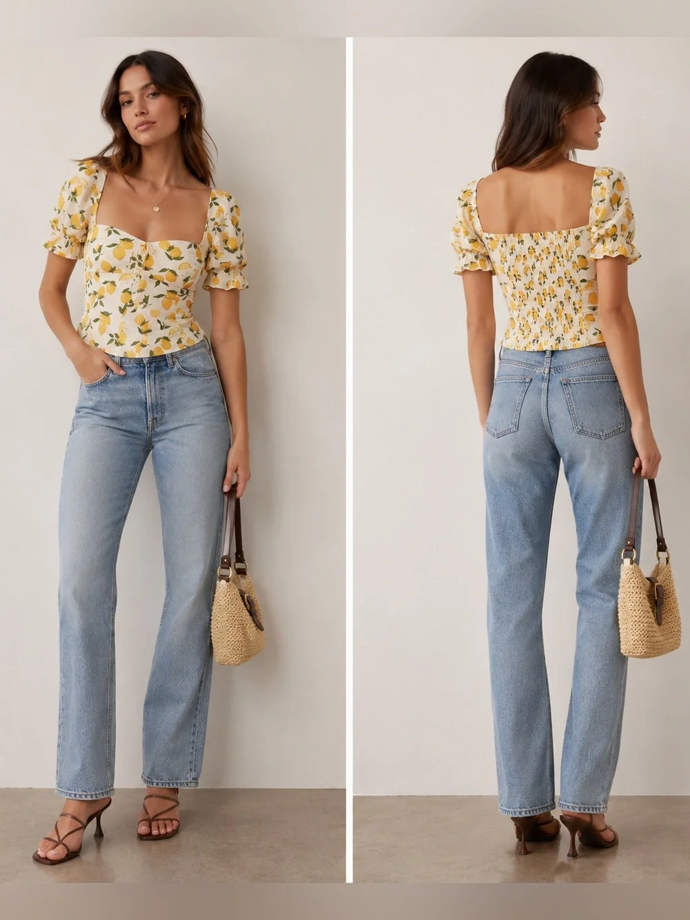 Reformation Delevan Top Size 10 Ivory Lemon Print Sweetheart Puff Sleeve Smocked